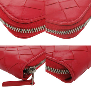 新品同様 ボッテガヴェネタ イントレチャート 長財布 ロングウォレット ラウンドファスナー バイカラー 577775 レザー レッド 0368【中古】BOTTEGAVENETA