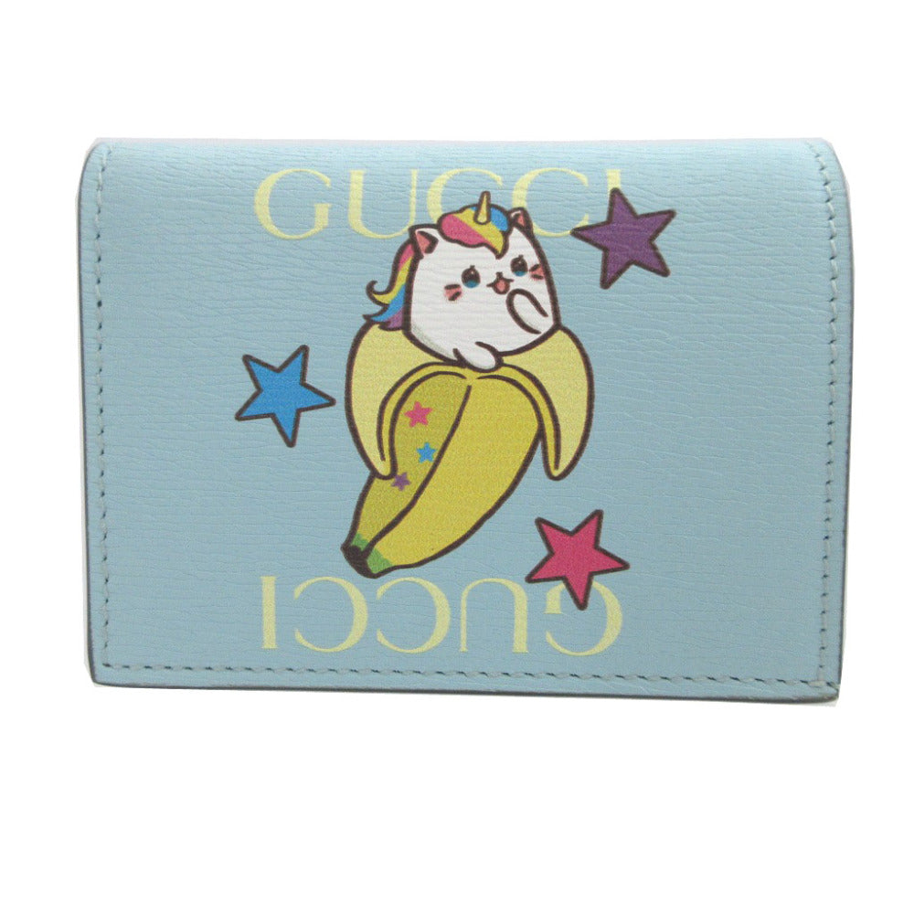 未使用 グッチ ばなにゃ 701009 レザー 水色 2つ折り財布 財布 0414【中古】GUCCI