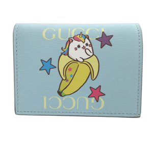 未使用 グッチ ばなにゃ 701009 レザー 水色 2つ折り財布 財布 0414【中古】GUCCI