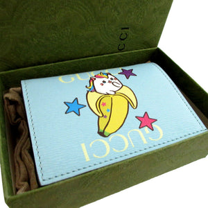 未使用 グッチ ばなにゃ 701009 レザー 水色 2つ折り財布 財布 0414【中古】GUCCI