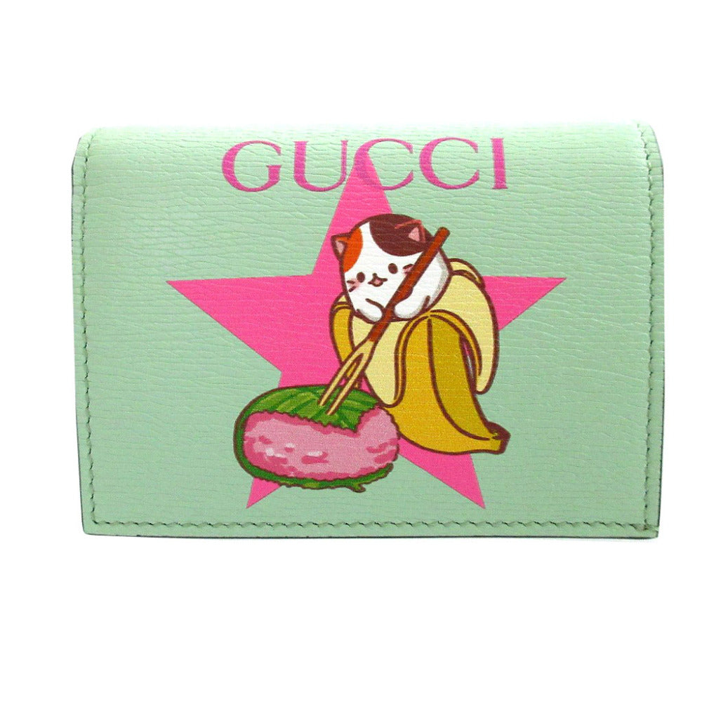未使用 グッチ ばなにゃ 701009 レザー グリーン 緑 2つ折り財布 財布 0417【中古】GUCCI