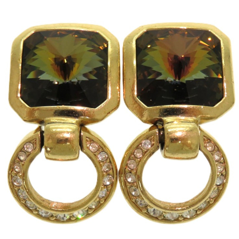 クリスチャンディオール クリスタル サークル スイング クリスタル メタル グリーン 0424 ゴールド金具 イヤリング【中古】Christian Dior