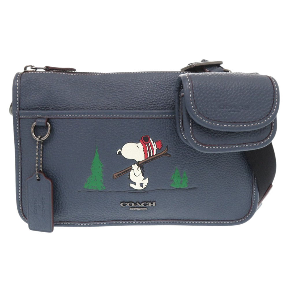 新品同様 コーチ × PEANUTS スヌーピー ミニポーチ付き レザー ネイビー ショルダーバッグ 0425【中古】COACH