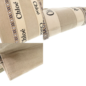 美品 クロエ WOODY ウッディ ミディアム レザー リネンキャンバス ベージュ トートバッグ ショルダーバッグ 0459【中古】Chloe