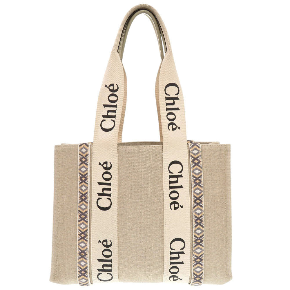 美品 クロエ WOODY ウッディ ミディアム レザー リネンキャンバス ベージュ トートバッグ ショルダーバッグ 0459【中古】Chloe
