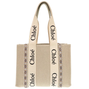 美品 クロエ WOODY ウッディ ミディアム レザー リネンキャンバス ベージュ トートバッグ ショルダーバッグ 0459【中古】Chloe