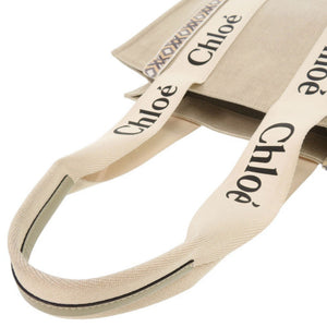 美品 クロエ WOODY ウッディ ミディアム レザー リネンキャンバス ベージュ トートバッグ ショルダーバッグ 0459【中古】Chloe