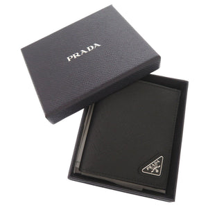 未使用品 プラダ トライアングルロゴ サフィアーノレザー ブラック 二つ折り財布 黒 0476【中古】PRADA メンズ
