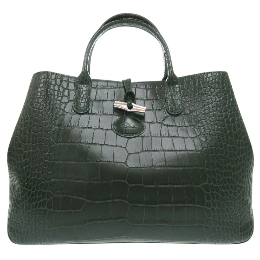 新品同様 ロンシャン ロゾ ハンドバッグ クロコ調 クロコ型押し 大容量 A4収納 レザー グリーン 0495【中古】Longchamp