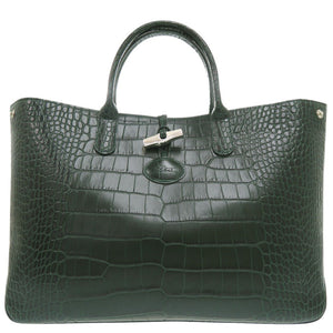 新品同様 ロンシャン ロゾ ハンドバッグ クロコ調 クロコ型押し 大容量 A4収納 レザー グリーン 0495【中古】Longchamp