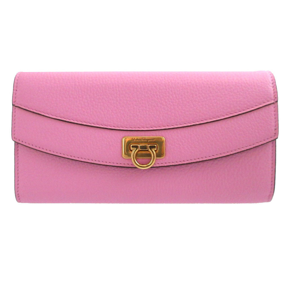 新品同様 サルヴァトーレフェラガモ ガンチーニ レザー ピンク 2つ折り長財布 財布 0504【中古】Salvatore Ferragamo