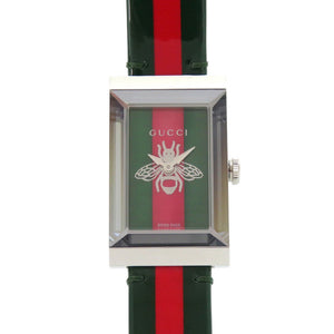 新品同様 グッチ Gフレーム 147.4 SS レザー グリーン レッド クオーツ 腕時計 0559【中古】GUCCI