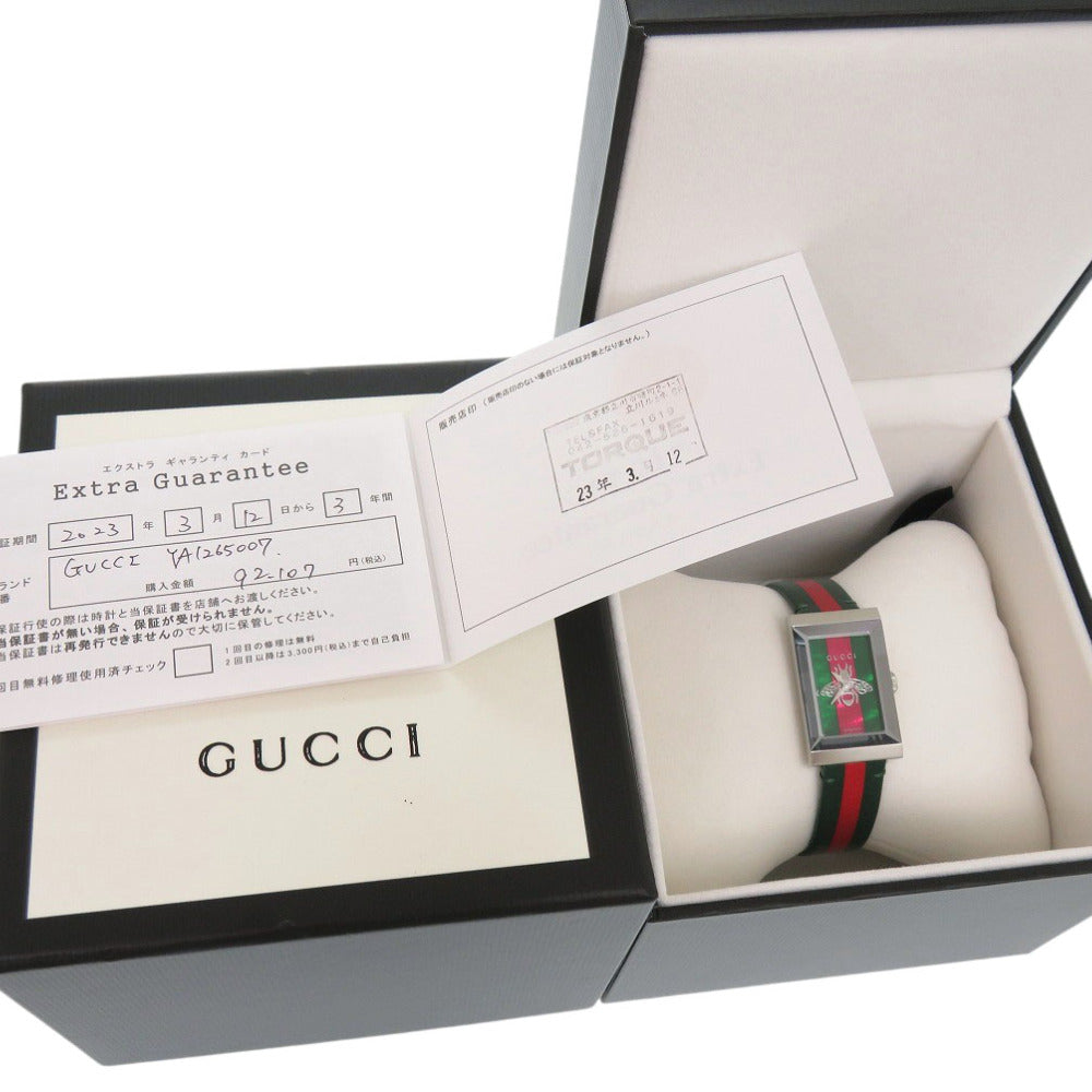 新品同様 グッチ Gフレーム 147.4 SS レザー グリーン レッド クオーツ 腕時計 0559【中古】GUCCI
