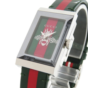 新品同様 グッチ Gフレーム 147.4 SS レザー グリーン レッド クオーツ 腕時計 0559【中古】GUCCI