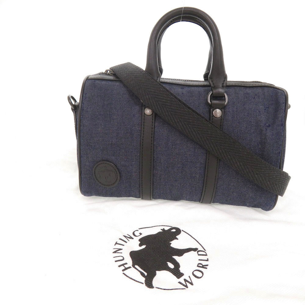 未使用品 ハンティングワールド デニム レザー ネイビー ブラック 2WAY ミニボストン ハンドバッグ ショルダーバッグ 0694【中古】HUNTING WORLD