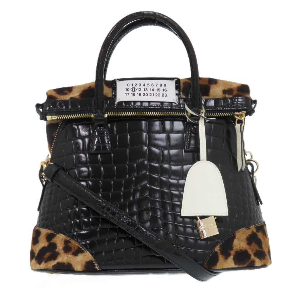 新品同様 メゾン マルジェラ ショルダー 5AC スモール レザー ブラック レオパード 0720 ハンドバッグ【中古】Maison Margiela