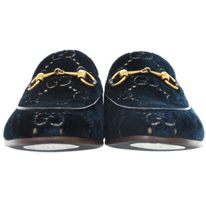 未使用品 グッチ ヨルダーン ホースビット アウトソール補強 430088その他 レザー GGベルベット ネイビー 0737 紺 ローファー【中古】GUCCI