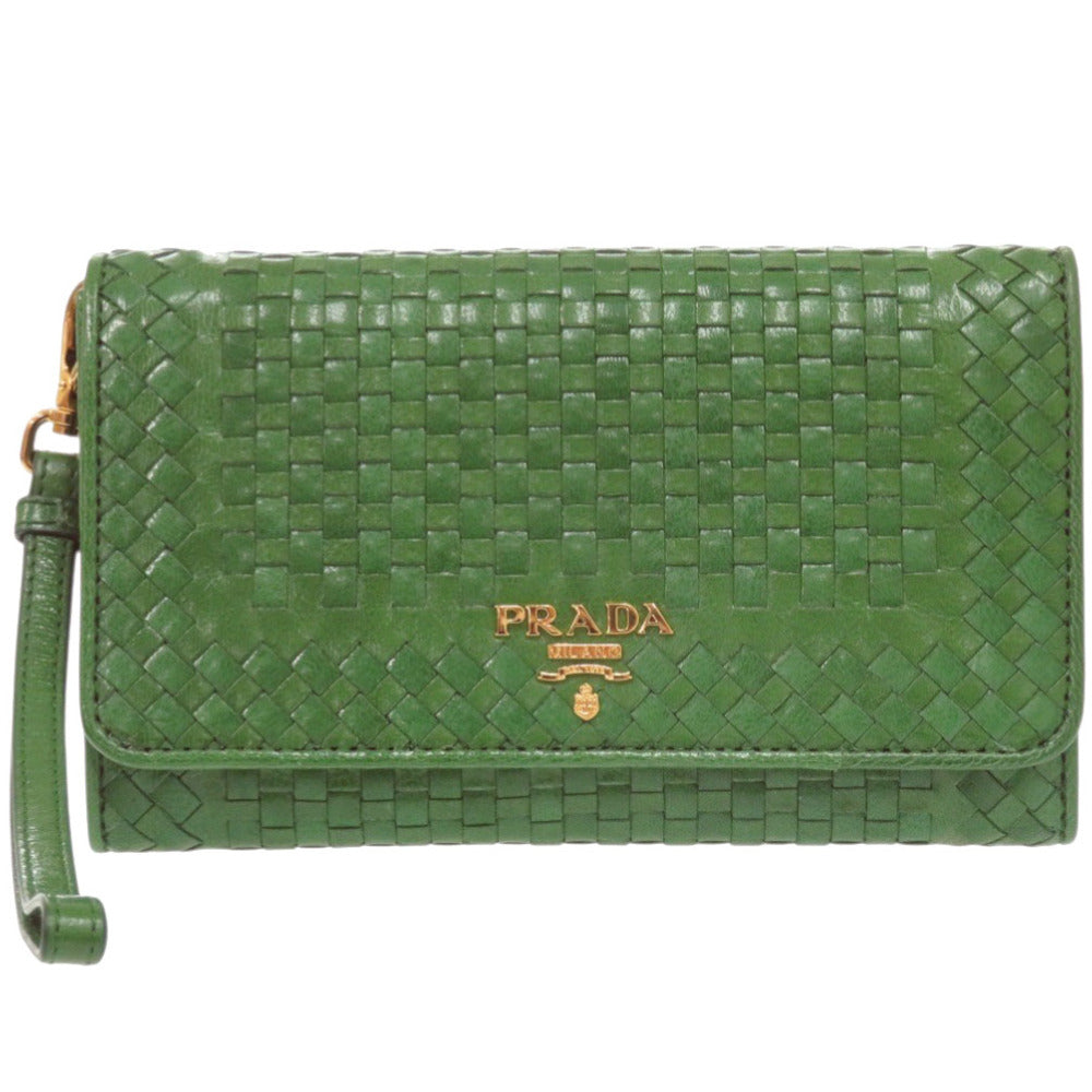 新品同様 プラダ 1M1438 ゴートレザー グリーン 二つ折り財布 緑 0777【中古】PRADA