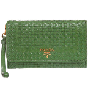 新品同様 プラダ 1M1438 ゴートレザー グリーン 二つ折り財布 緑 0777【中古】PRADA