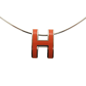 美品 エルメス ワイヤー ポップアッシュ H メタル オレンジ シルバー金具 ネックレス 0784【中古】HERMES