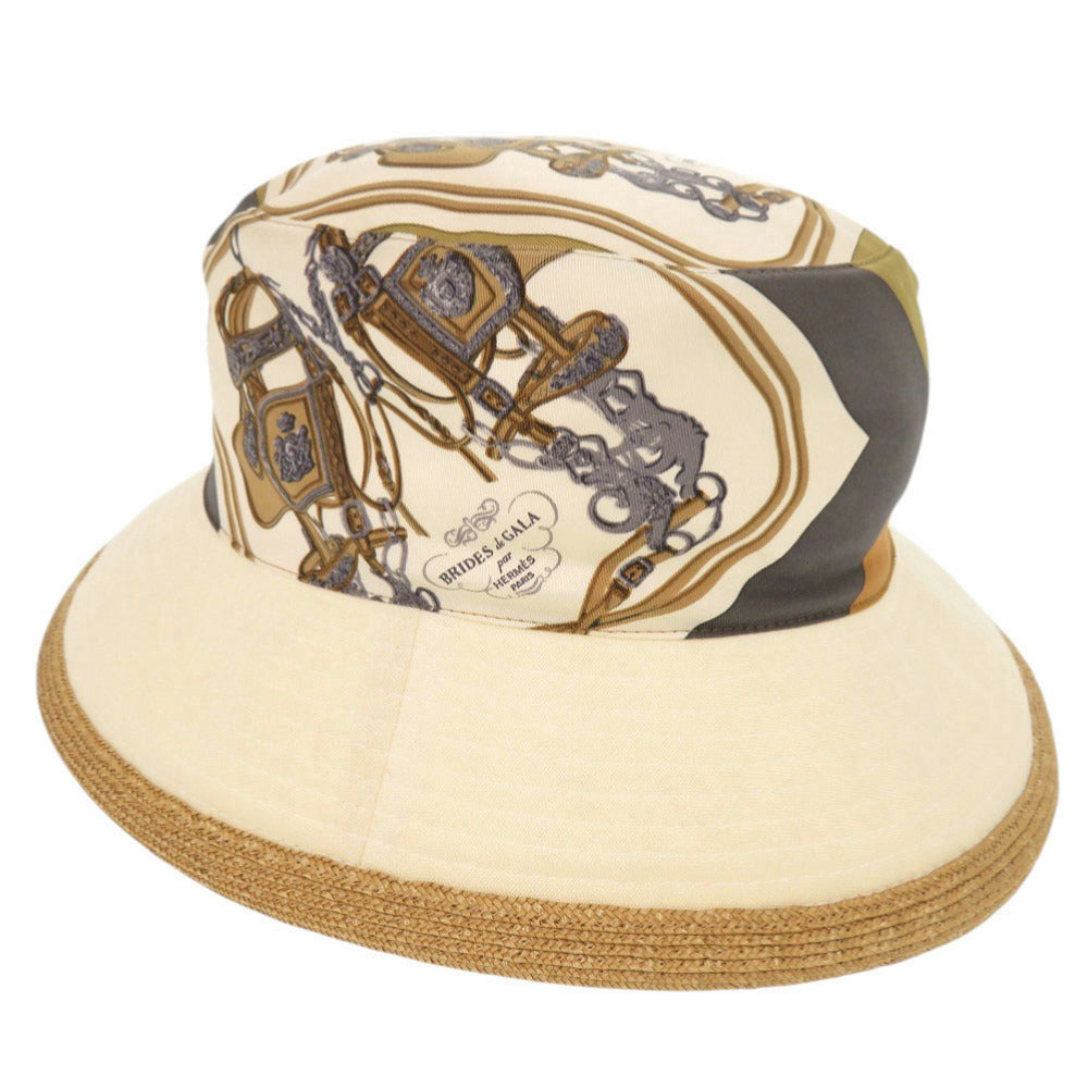 美品 エルメス MOTSCH BRIDES de GALA サイズ58 シルク 麻 ストロー ベージュ バケットハット 帽子 0785【中古】HERMES