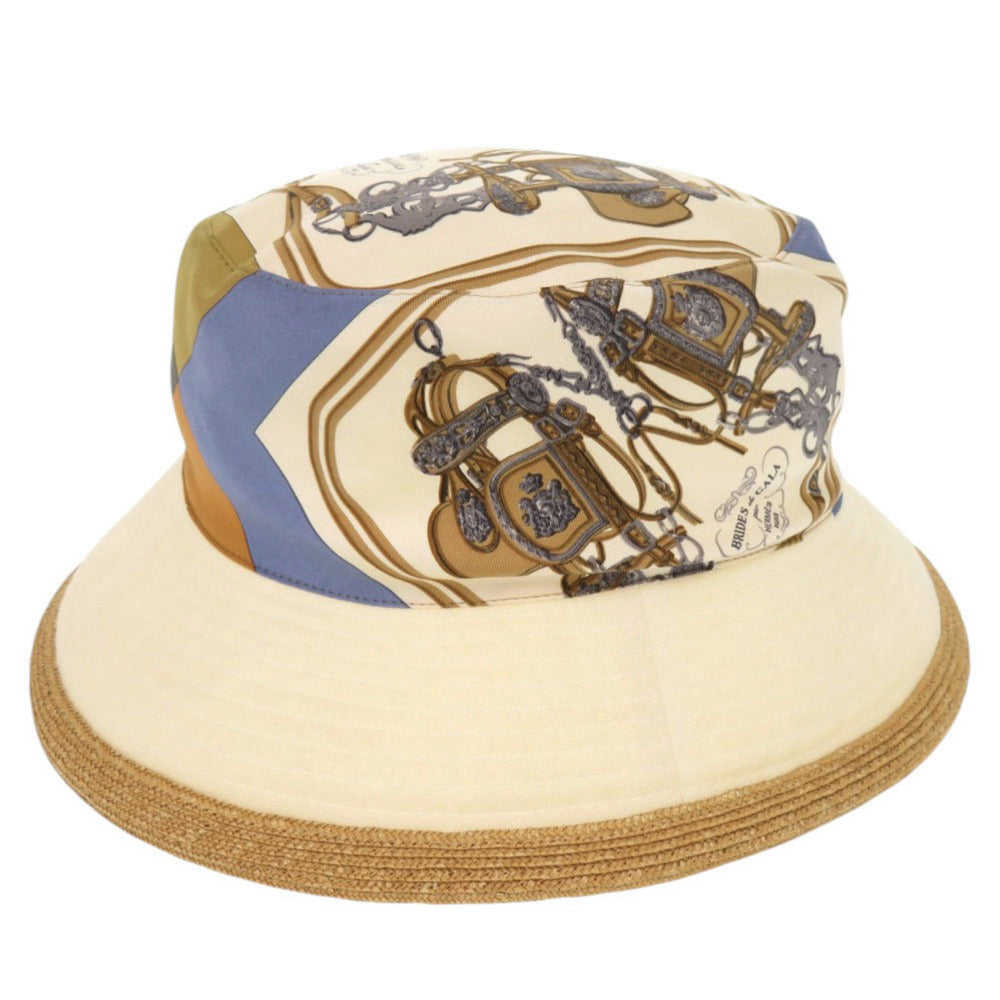 美品 エルメス MOTSCH BRIDES de GALA サイズ58 シルク 麻 ストロー ベージュ バケットハット 帽子 0785【中古】HERMES