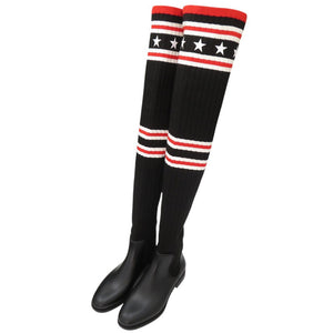 美品 ジバンシィ ストーム レインブーツ ニーハイ ロングブーツ スター 星 ボーダー コットン ブラック 0793【中古】GIVENCHY