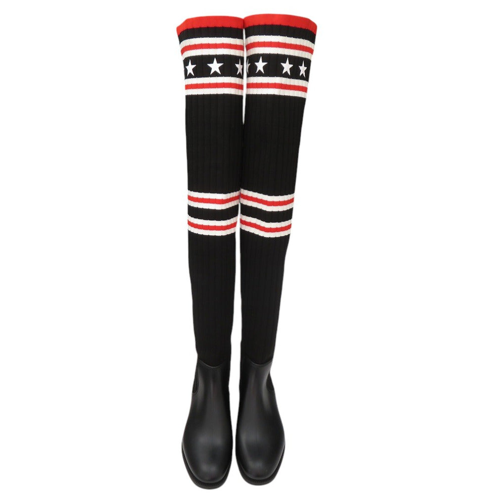 美品 ジバンシィ ストーム レインブーツ ニーハイ ロングブーツ スター 星 ボーダー コットン ブラック 0793【中古】GIVENCHY