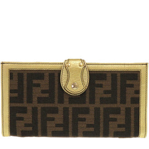新品同様 フェンディ ズッカ Wホック AG20193 キャンバス レザー ブラウン 0813 金 長財布【中古】FENDI