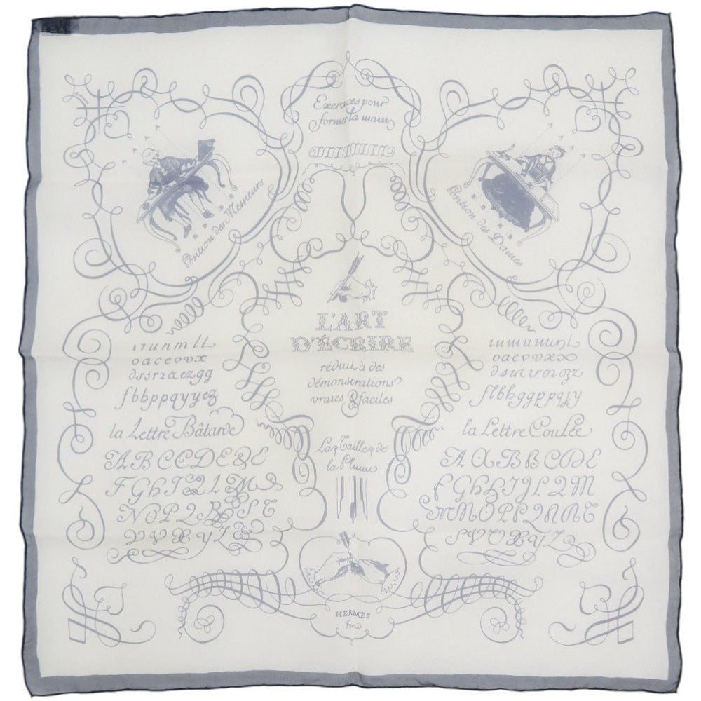 美品 エルメス カレ45 LART DECRIRE 書の芸術 シルク ホワイト系 ネイビー スカーフ 0821【中古】HERMES