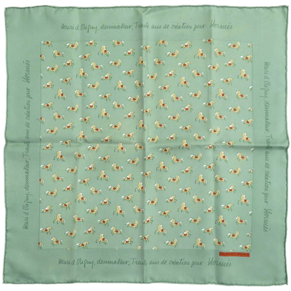美品 エルメス カレ45 プチカレ 馬 シルク グリーン スカーフ 0821【中古】HERMES