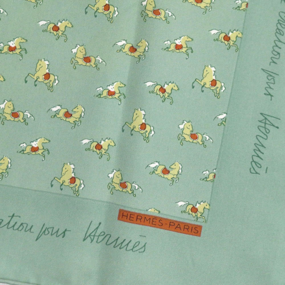 美品 エルメス カレ45 プチカレ 馬 シルク グリーン スカーフ 0821【中古】HERMES