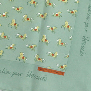 美品 エルメス カレ45 プチカレ 馬 シルク グリーン スカーフ 0821【中古】HERMES