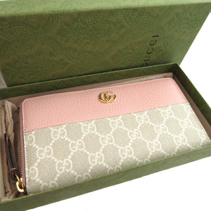 未使用 グッチ ダブルG 456117 GGスプリーム レザー ピンク ラウンドファスナー長財布 財布 0849【中古】GUCCI