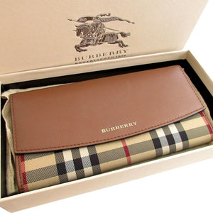 美品 バーバリー 3982542 チェック レザー ベージュ ブラウン 茶 2つ折り長財布 財布 0985【中古】BURBERRY
