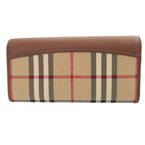 美品 バーバリー 3982542 チェック レザー ベージュ ブラウン 茶 2つ折り長財布 財布 0985【中古】BURBERRY