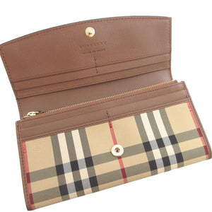 美品 バーバリー 3982542 チェック レザー ベージュ ブラウン 茶 2つ折り長財布 財布 0985【中古】BURBERRY
