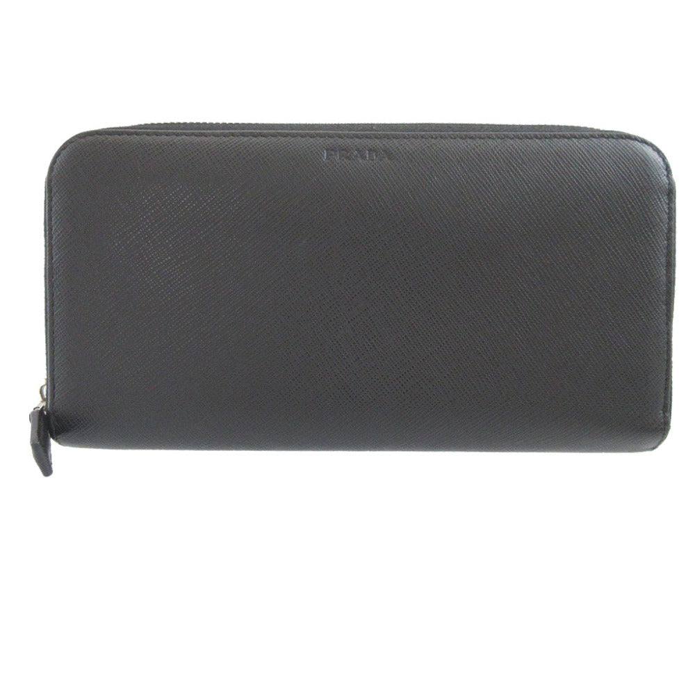 美品 プラダ サフィアーノレザー ブラック 黒 ラウンドファスナー長財布 財布 1000【中古】PRADA