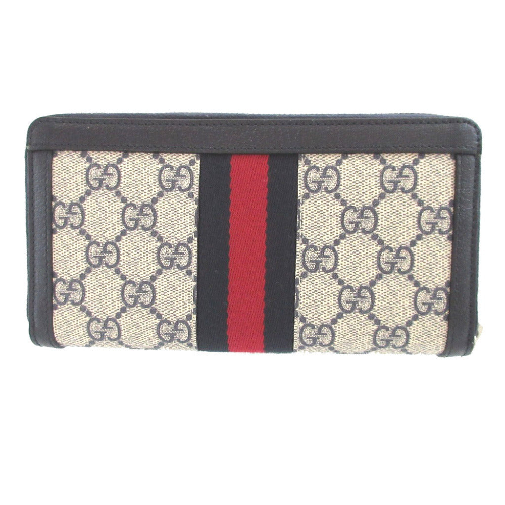 美品 グッチ オフィディア 523154 GGスプリーム レザー ベージュ ネイビー 紺 ラウンドファスナー長財布 財布 1001【中古】GUCCI