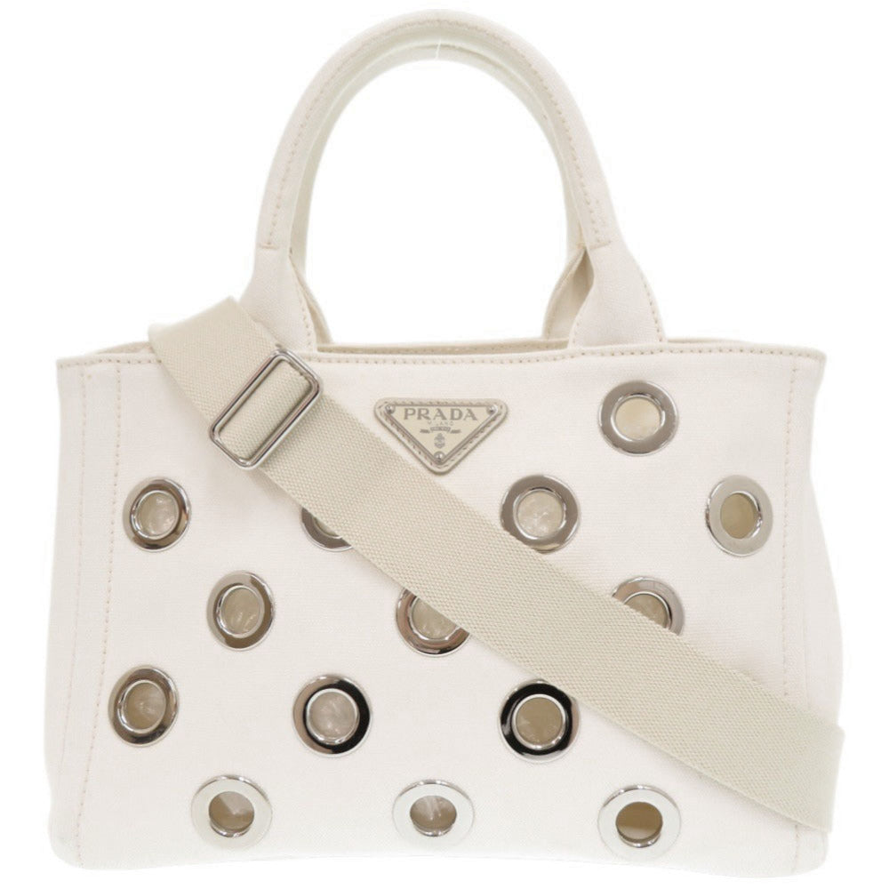 プラダ カナパ パンチング キャンバス ホワイト 2WAY ハンドバッグ ショルダーバッグ トートバッグ 白 1063【中古】PRADA