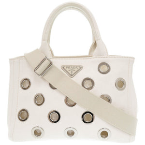 プラダ カナパ パンチング キャンバス ホワイト 2WAY ハンドバッグ ショルダーバッグ トートバッグ 白 1063【中古】PRADA