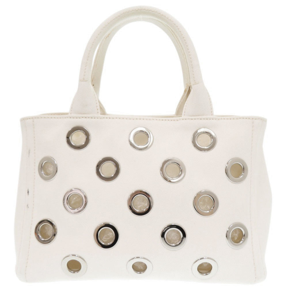 プラダ カナパ パンチング キャンバス ホワイト 2WAY ハンドバッグ ショルダーバッグ トートバッグ 白 1063【中古】PRADA