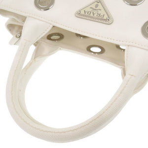 プラダ カナパ パンチング キャンバス ホワイト 2WAY ハンドバッグ ショルダーバッグ トートバッグ 白 1063【中古】PRADA