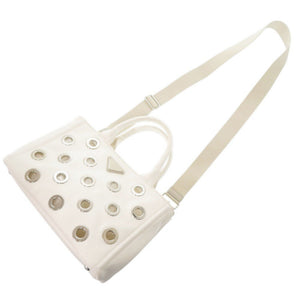 プラダ カナパ パンチング キャンバス ホワイト 2WAY ハンドバッグ ショルダーバッグ トートバッグ 白 1063【中古】PRADA