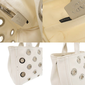 プラダ カナパ パンチング キャンバス ホワイト 2WAY ハンドバッグ ショルダーバッグ トートバッグ 白 1063【中古】PRADA
