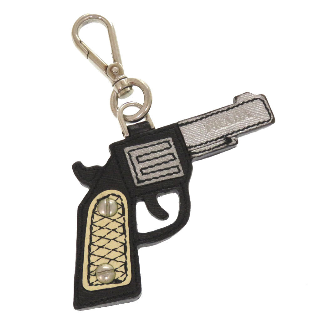 美品 プラダ ピストルモチーフ サフィアーノ レザー ブラック シルバー バッグチャーム キーホルダー 1090 【中古】 PRADA