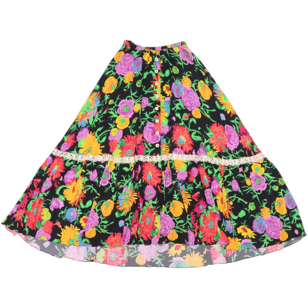 美品 グッチ ケン スコット プリント レーヨン コットン ブラック 黒 ロングスカート 1113【中古】GUCCI