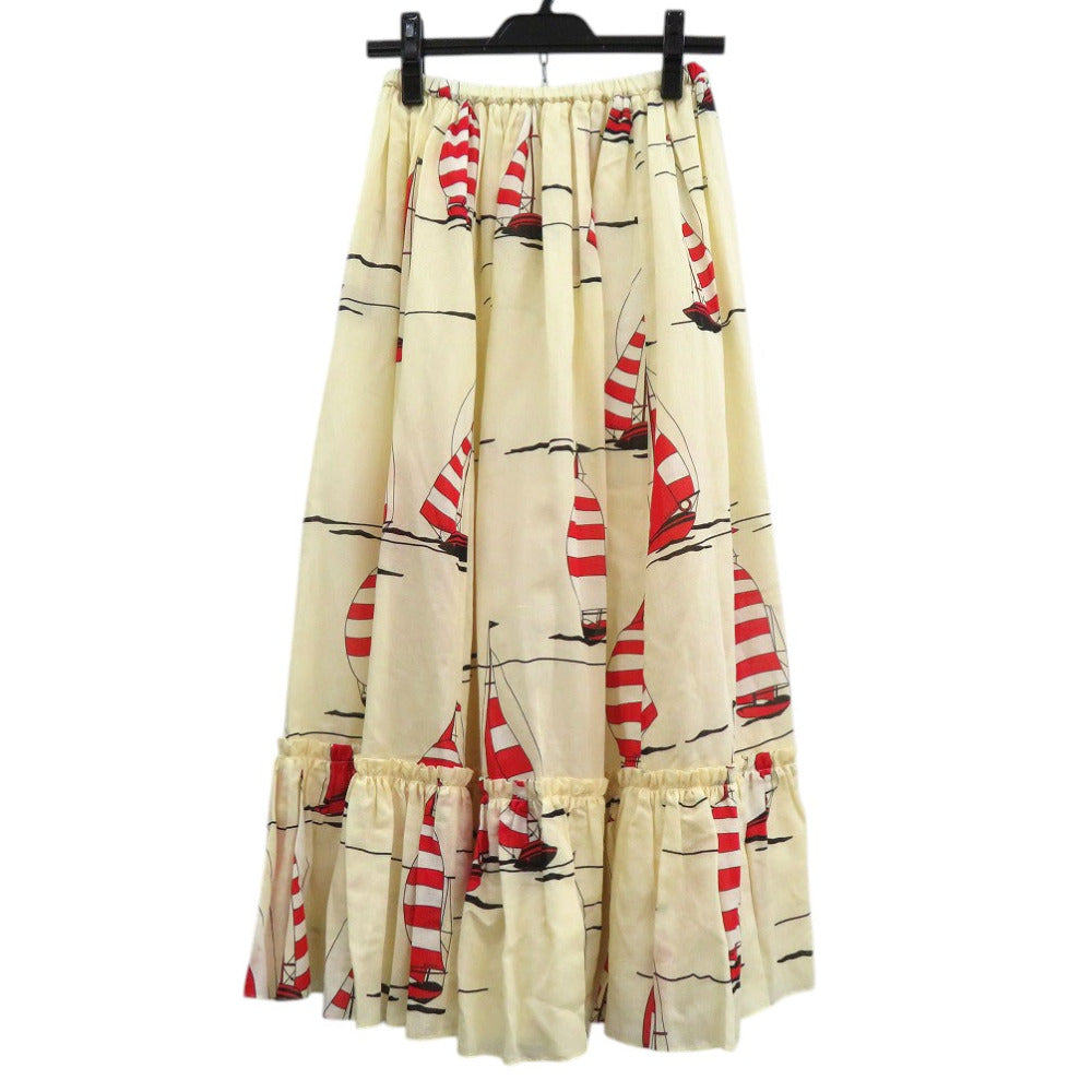美品 グッチ フレアスカート ヨット 総柄 帆船 661553 ロングスカート コットン 麻 シルク アイボリー 1114【中古】GUCCI