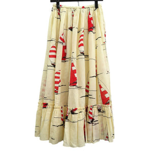 美品 グッチ フレアスカート ヨット 総柄 帆船 661553 ロングスカート コットン 麻 シルク アイボリー 1114【中古】GUCCI
