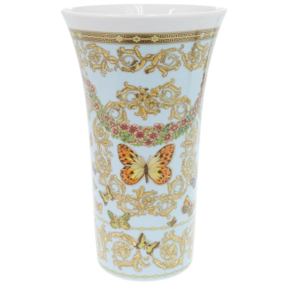 未使用 ヴェルサーチ 花瓶 Geschenkserie Le jardin de Versace 花 蝶 ポーセリン 磁器 ライトブルー/イエロー 1123【中古】VERSACE